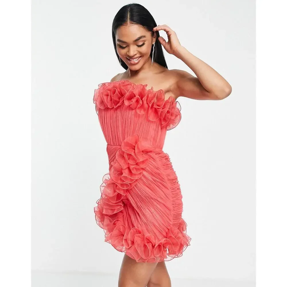 ASOS Design Red Bodycon Ruffle Mesh Bandeau Neck Strapless Mini Dress 4 - Picture 13 of 13